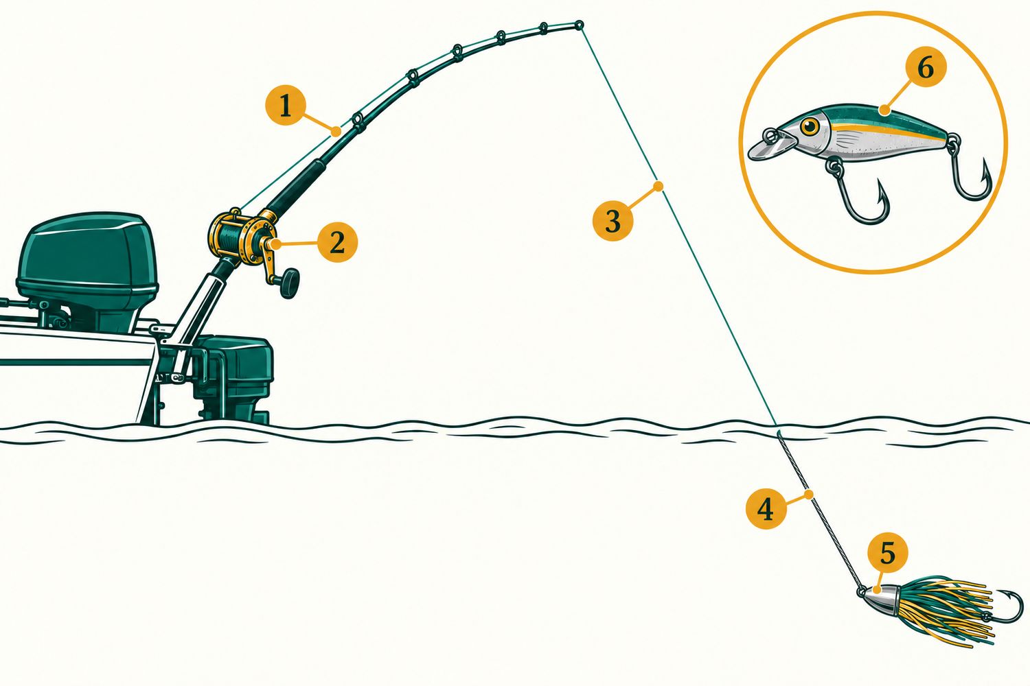 Numbered diagram: Fast trolling for wahoo