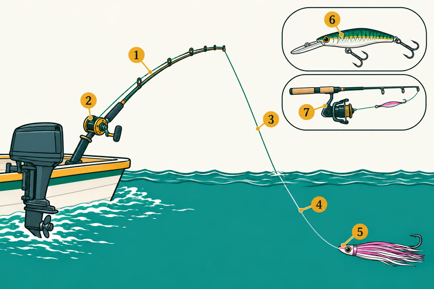 Numbered diagram: Trolling for dolphinfish