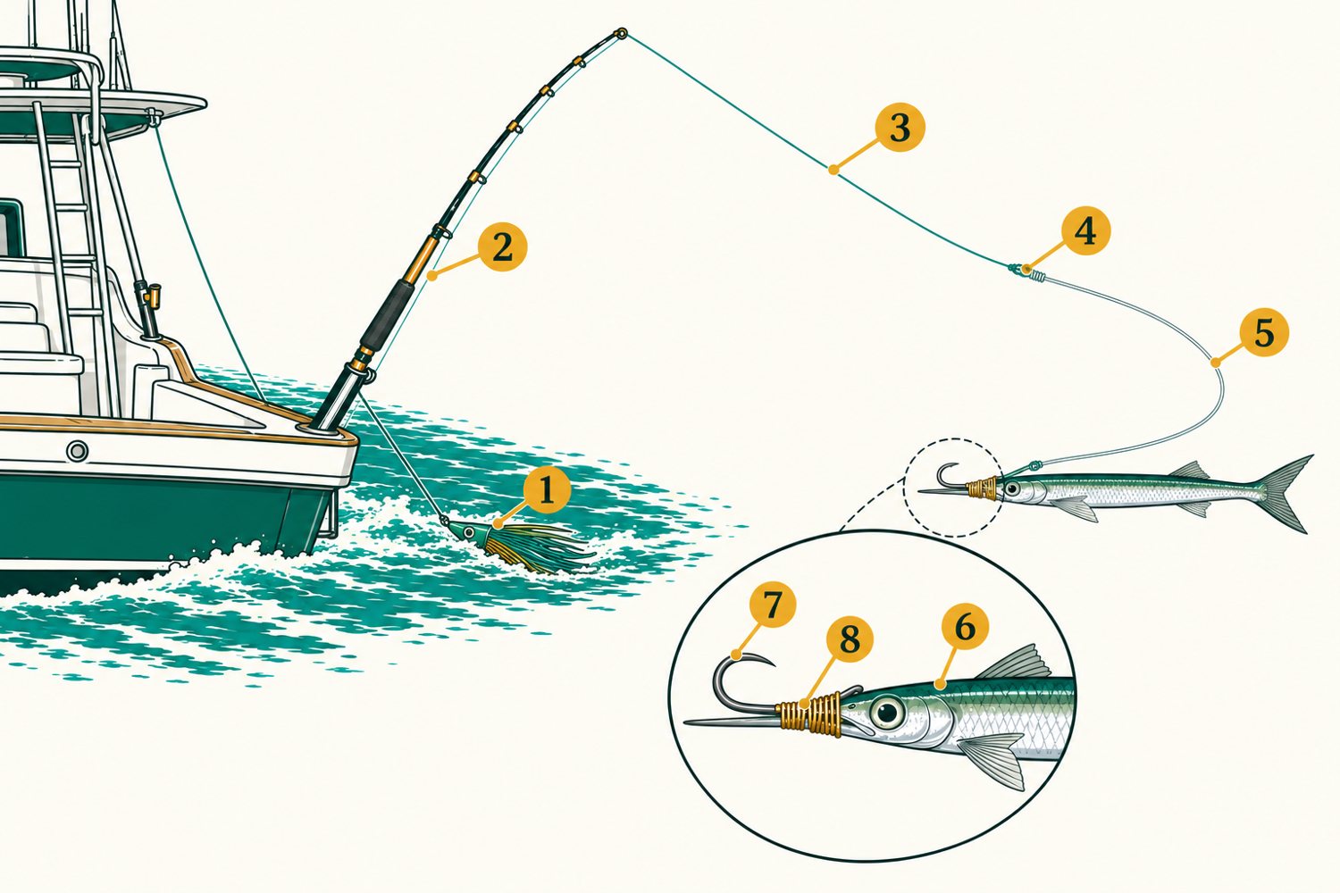 Numbered diagram: Pitch-bait for sailfish