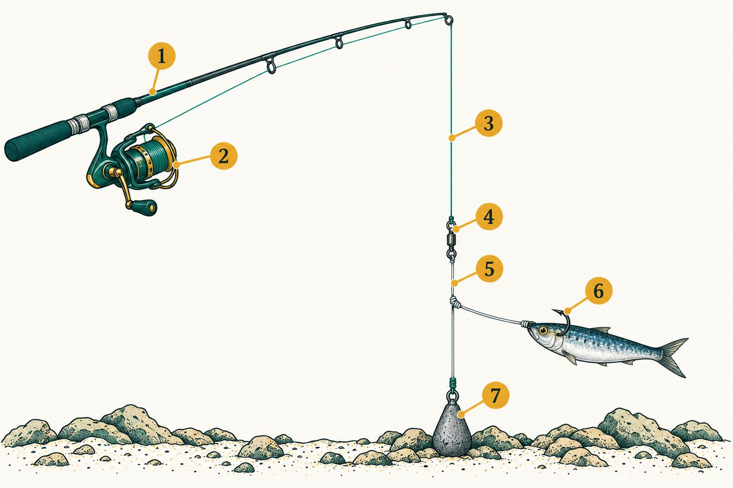 Numbered diagram: Rock fishing for grouper