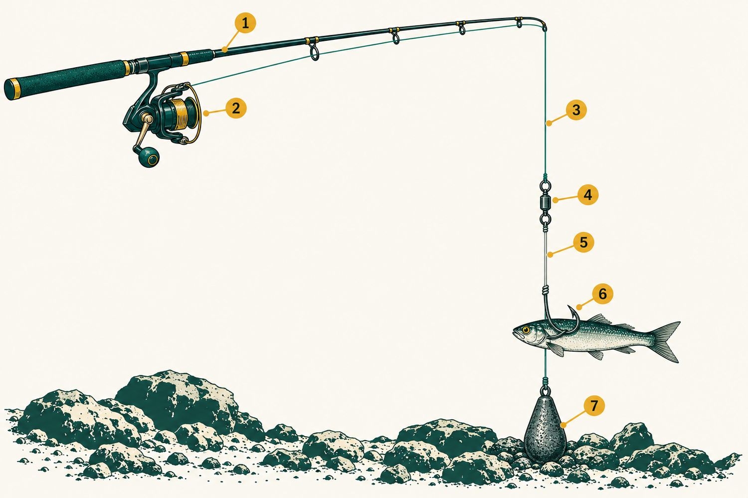 Numbered diagram: Bottom fishing for large snapper