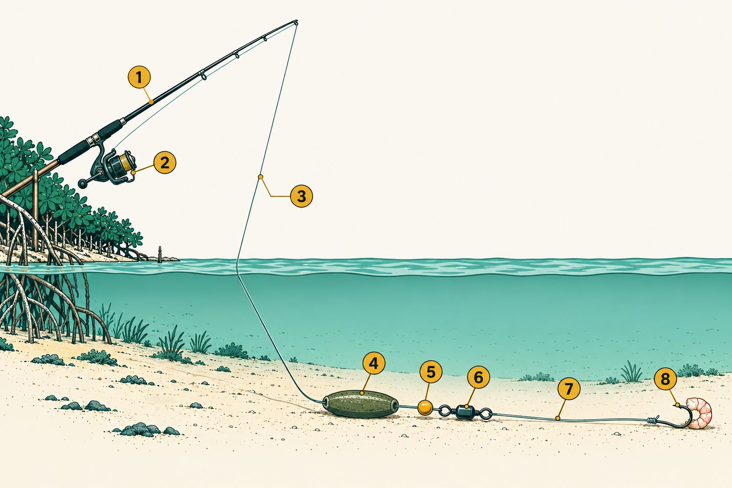 Numbered diagram: Lagoon bottom fishing: running (sliding) rig