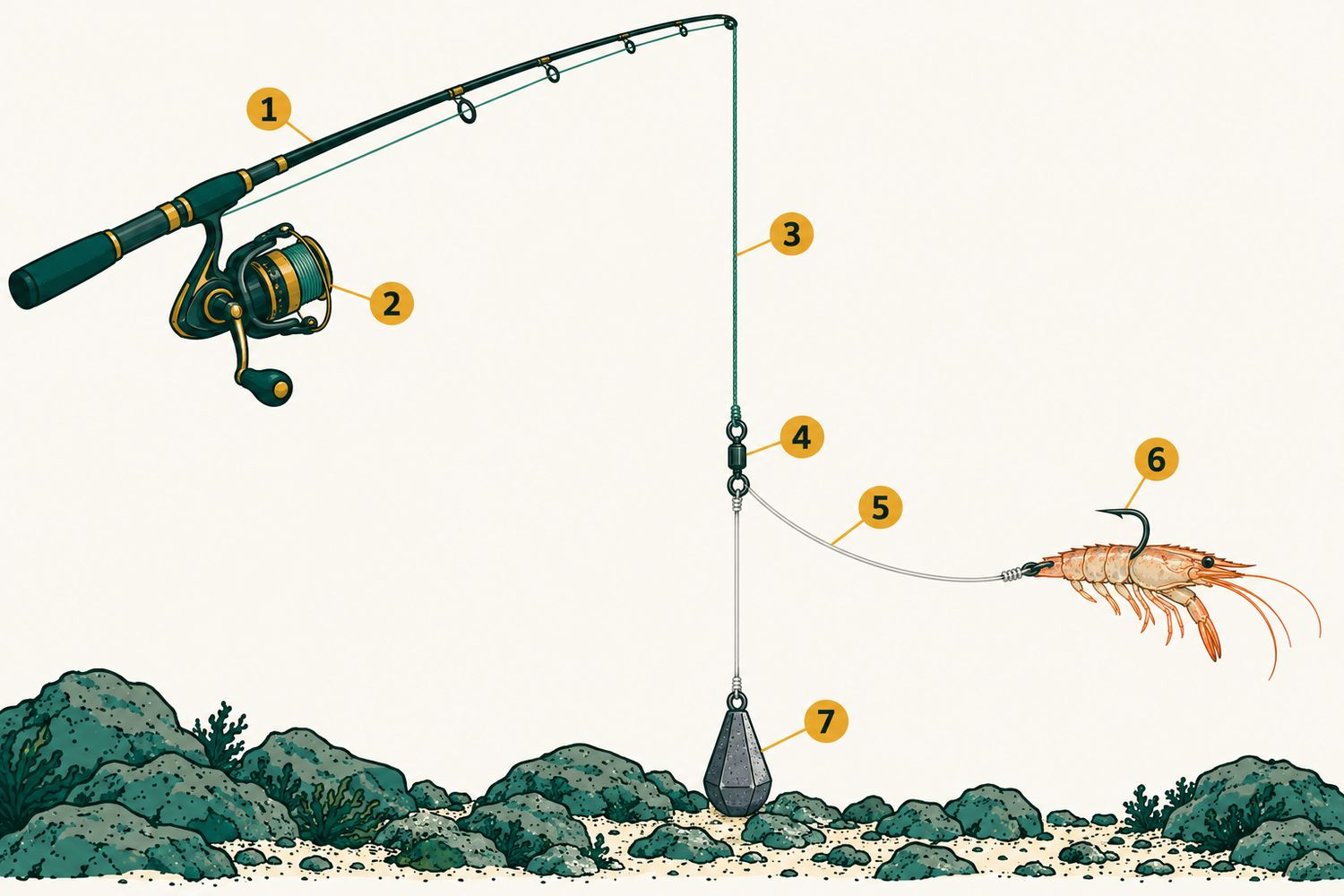 Schéma numéroté : Pêche de roche au diagramme