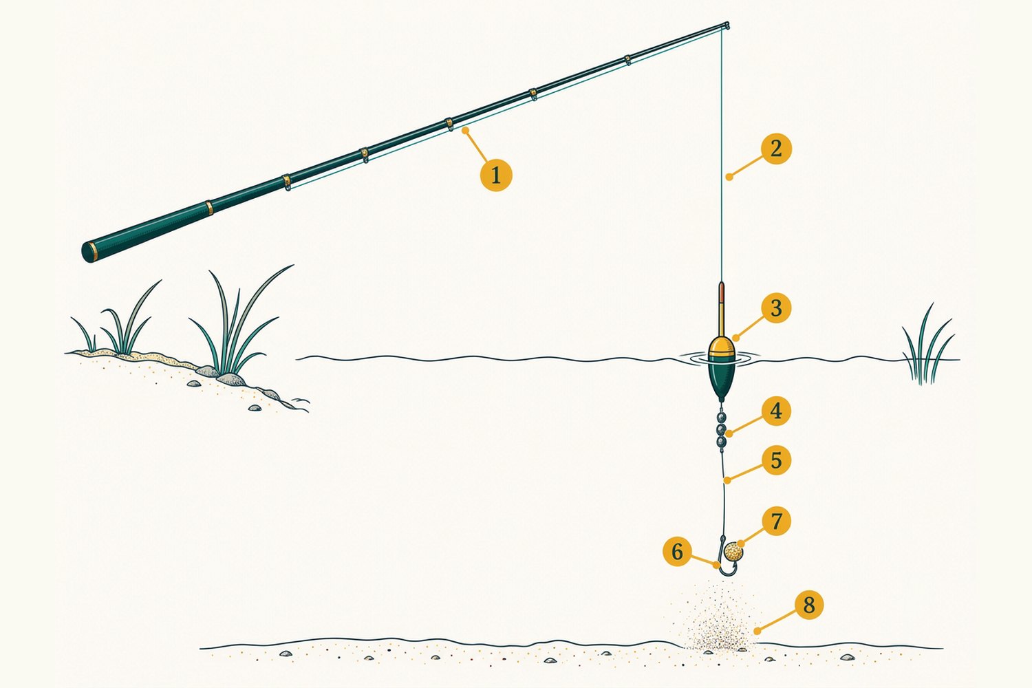 Numbered diagram: Float and groundbait for tilapia