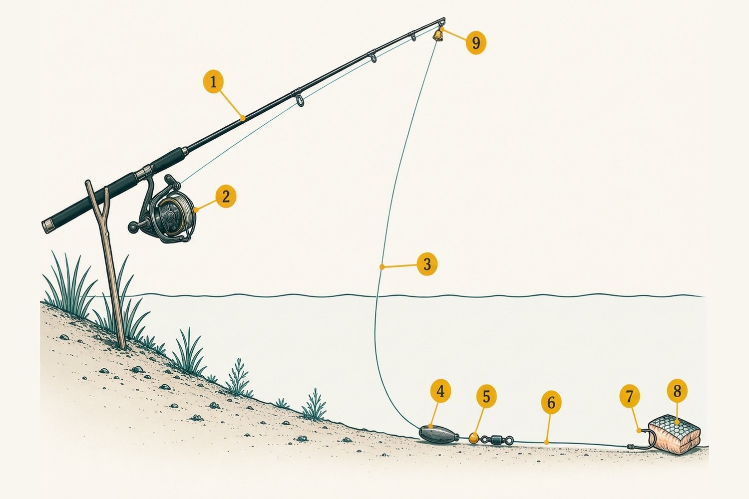 Numbered diagram: Night bottom fishing for African catfish