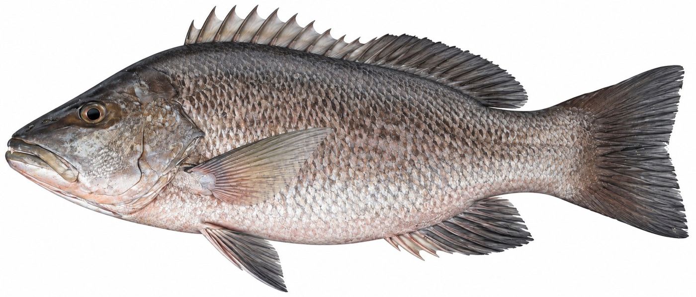 Identification plate: Vivaneau à dents de chien (African brown snapper)